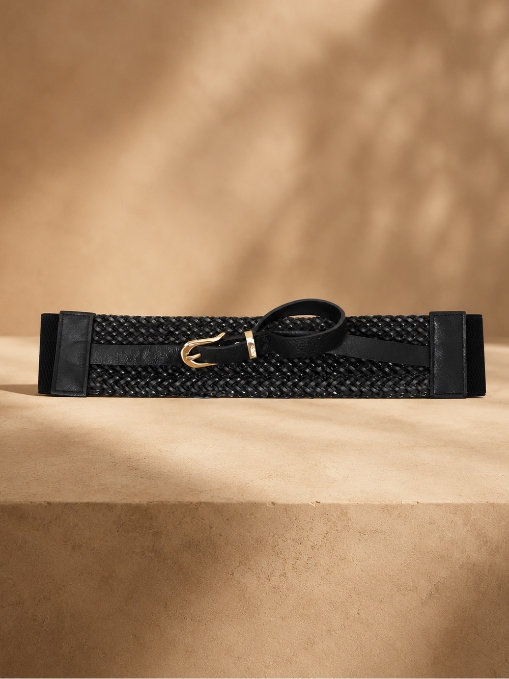 Atmosphere Black Stretch Woven Waist Belt Gold Buckle Elastic Cinch Belt S/M